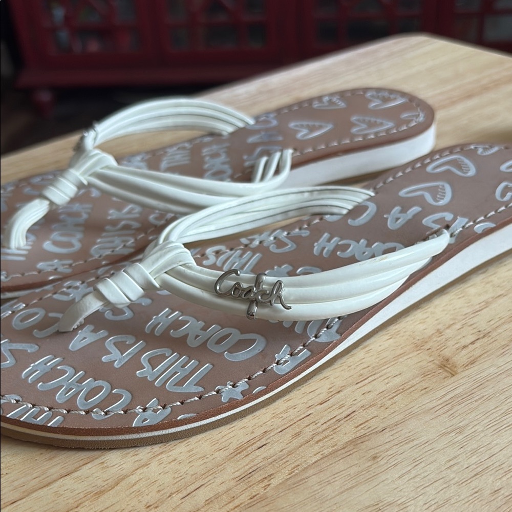 Coach White and Tan Logo Print Thong Sandals